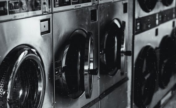 grayscale photo of washing machine